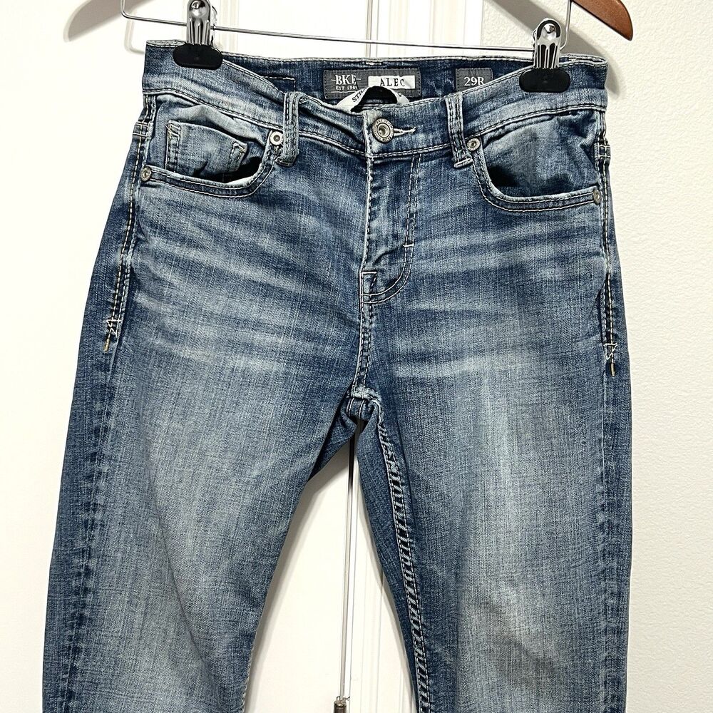 BKE Alec Jeans Men’s 29x29 Straight Leg Dark Blue Denim Thick Stitch Whiskered - Picture 2 of 11